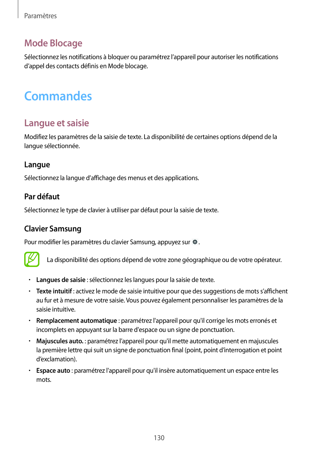 Samsung SM-P6050ZKAXEF, SM-P6050ZWAXEF manual Commandes, Mode Blocage, Langue et saisie 