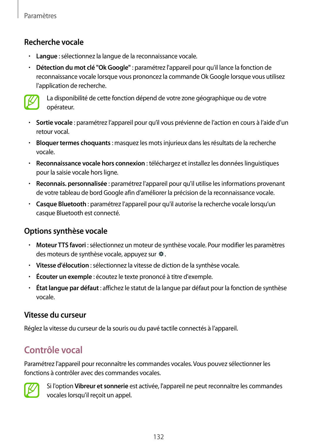 Samsung SM-P6050ZKAXEF, SM-P6050ZWAXEF manual Contrôle vocal, Recherche vocale, Options synthèse vocale, Vitesse du curseur 