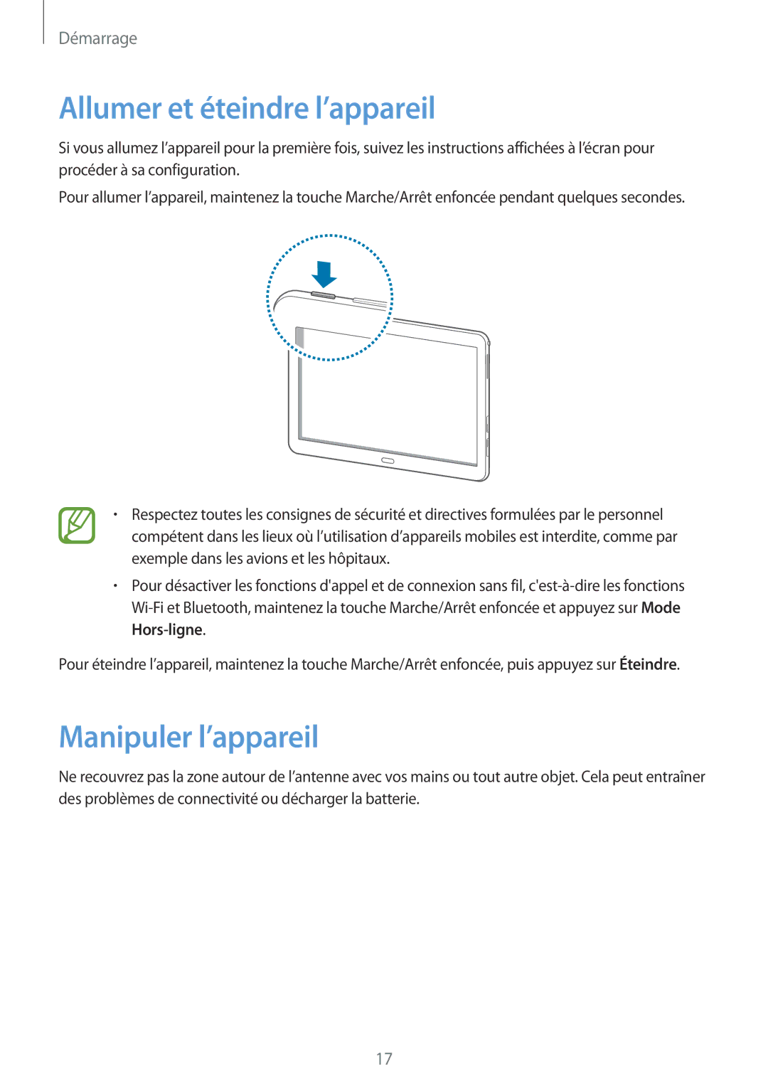 Samsung SM-P6050ZWAXEF, SM-P6050ZKAXEF manual Allumer et éteindre l’appareil, Manipuler l’appareil 