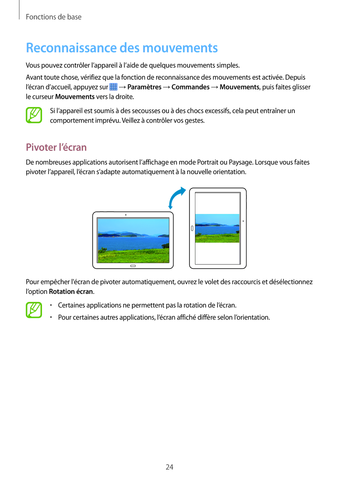Samsung SM-P6050ZKAXEF, SM-P6050ZWAXEF manual Reconnaissance des mouvements, Pivoter l’écran 