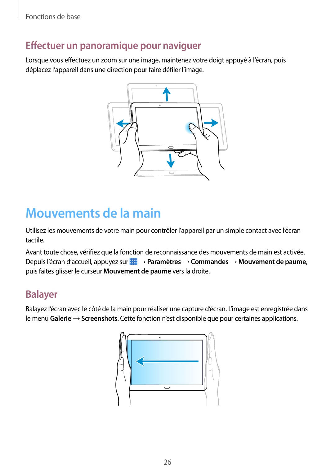 Samsung SM-P6050ZKAXEF, SM-P6050ZWAXEF manual Mouvements de la main, Effectuer un panoramique pour naviguer, Balayer 