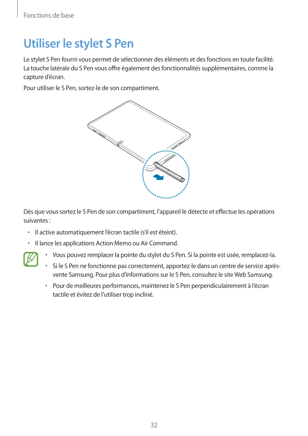 Samsung SM-P6050ZKAXEF, SM-P6050ZWAXEF manual Utiliser le stylet S Pen 