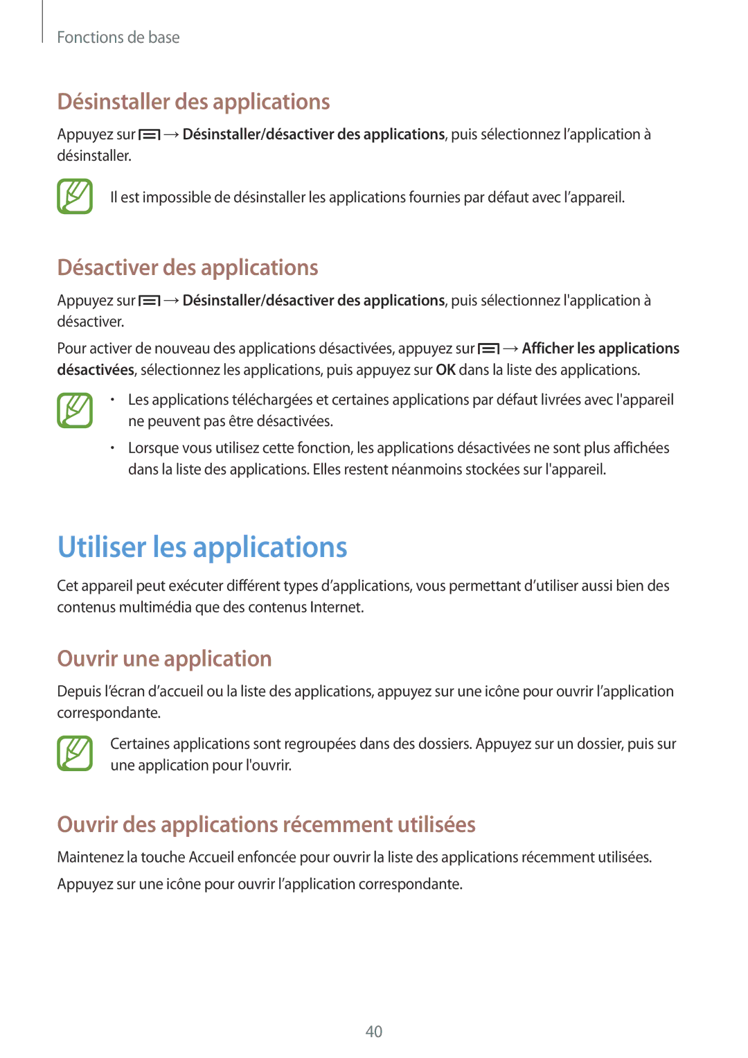 Samsung SM-P6050ZKAXEF manual Utiliser les applications, Désinstaller des applications, Désactiver des applications 