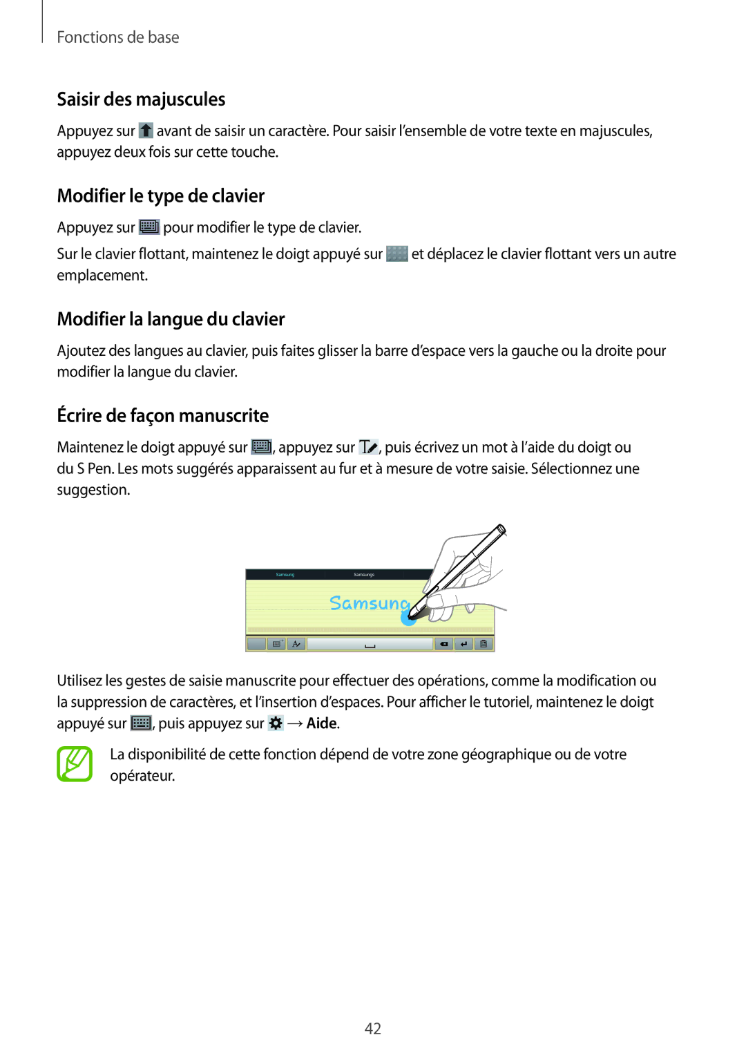 Samsung SM-P6050ZKAXEF, SM-P6050ZWAXEF Saisir des majuscules, Modifier le type de clavier, Modifier la langue du clavier 