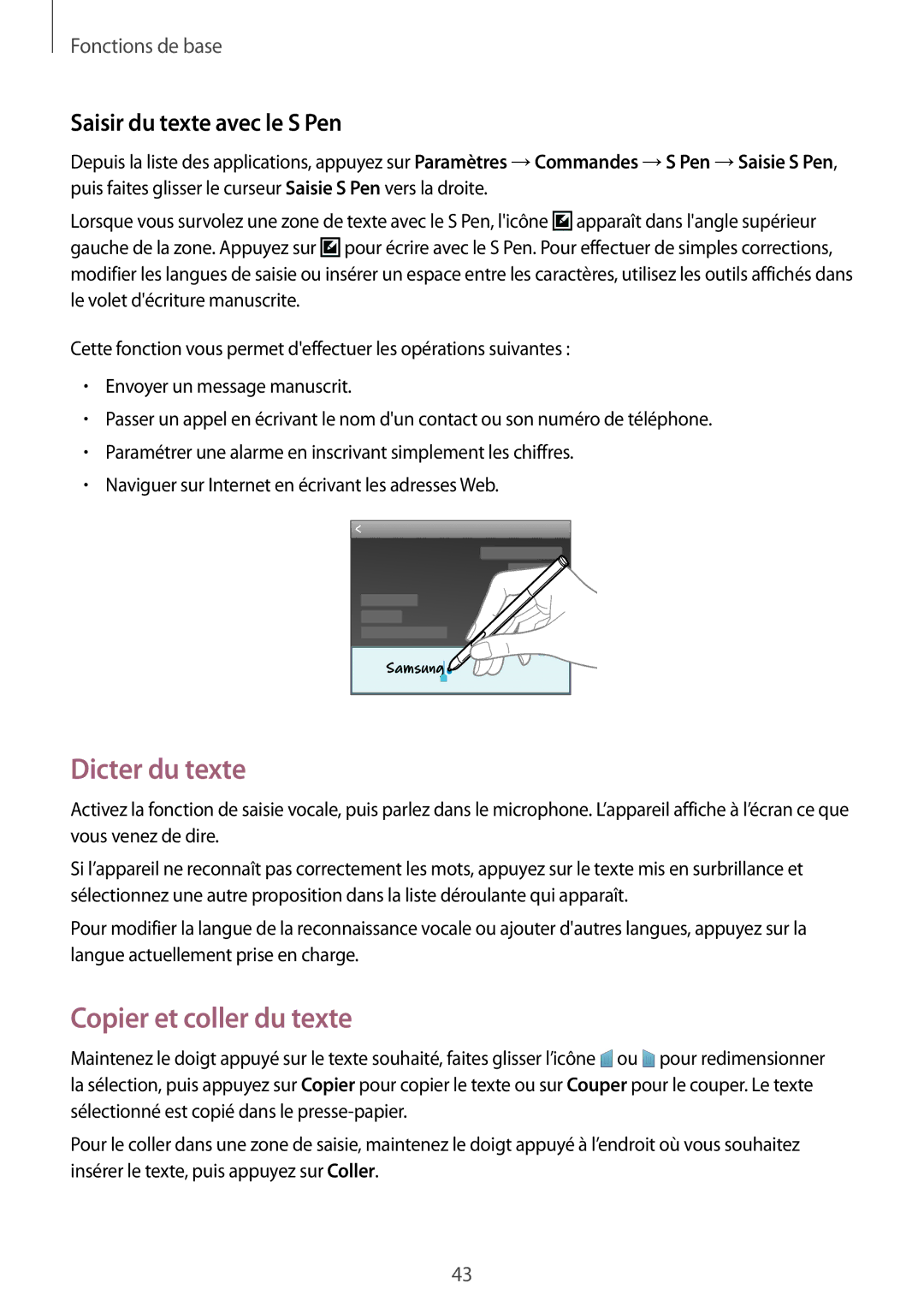 Samsung SM-P6050ZWAXEF, SM-P6050ZKAXEF manual Dicter du texte, Copier et coller du texte, Saisir du texte avec le S Pen 