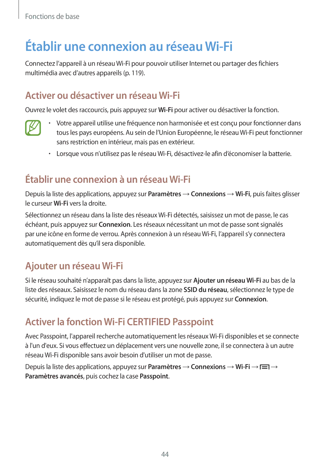 Samsung SM-P6050ZKAXEF, SM-P6050ZWAXEF manual Établir une connexion au réseau Wi-Fi, Activer ou désactiver un réseau Wi-Fi 