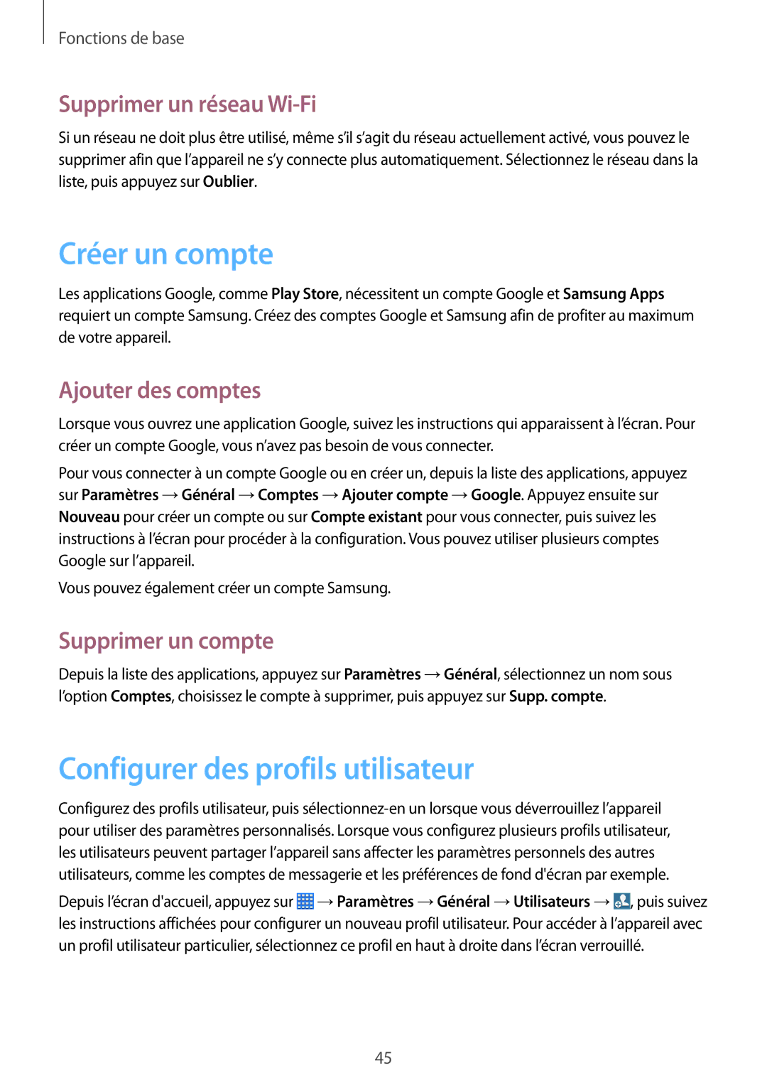 Samsung SM-P6050ZWAXEF Créer un compte, Configurer des profils utilisateur, Supprimer un réseau Wi-Fi, Ajouter des comptes 
