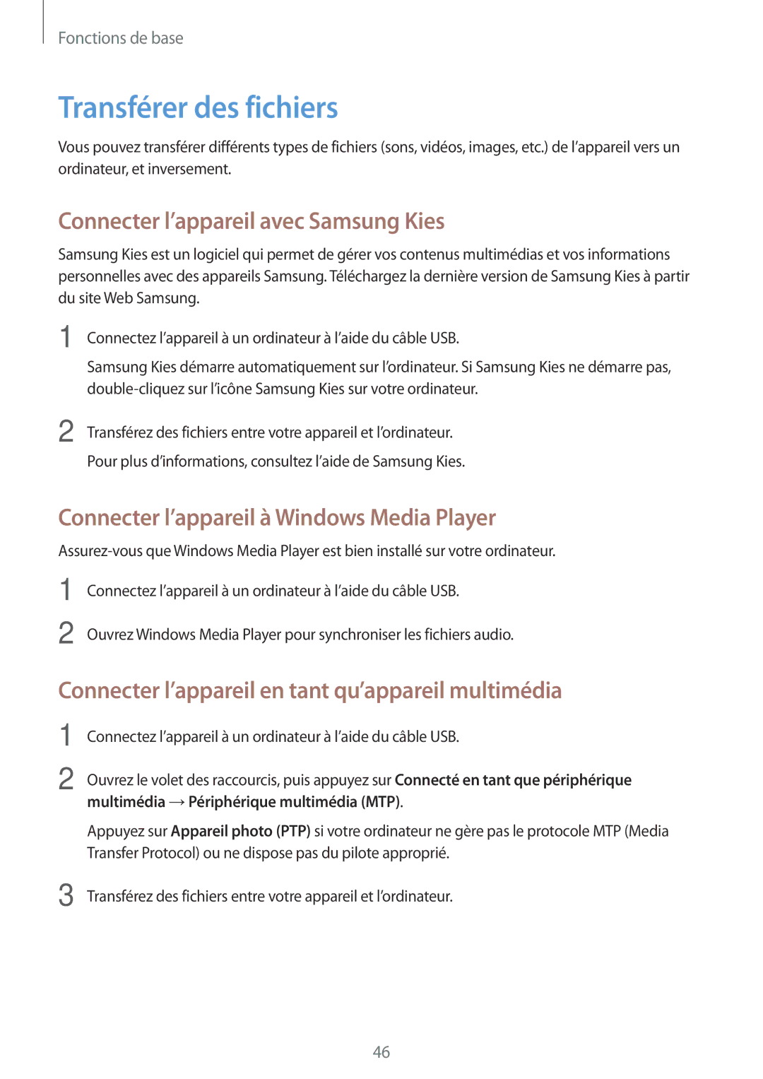 Samsung SM-P6050ZKAXEF, SM-P6050ZWAXEF manual Transférer des fichiers, Connecter l’appareil avec Samsung Kies 