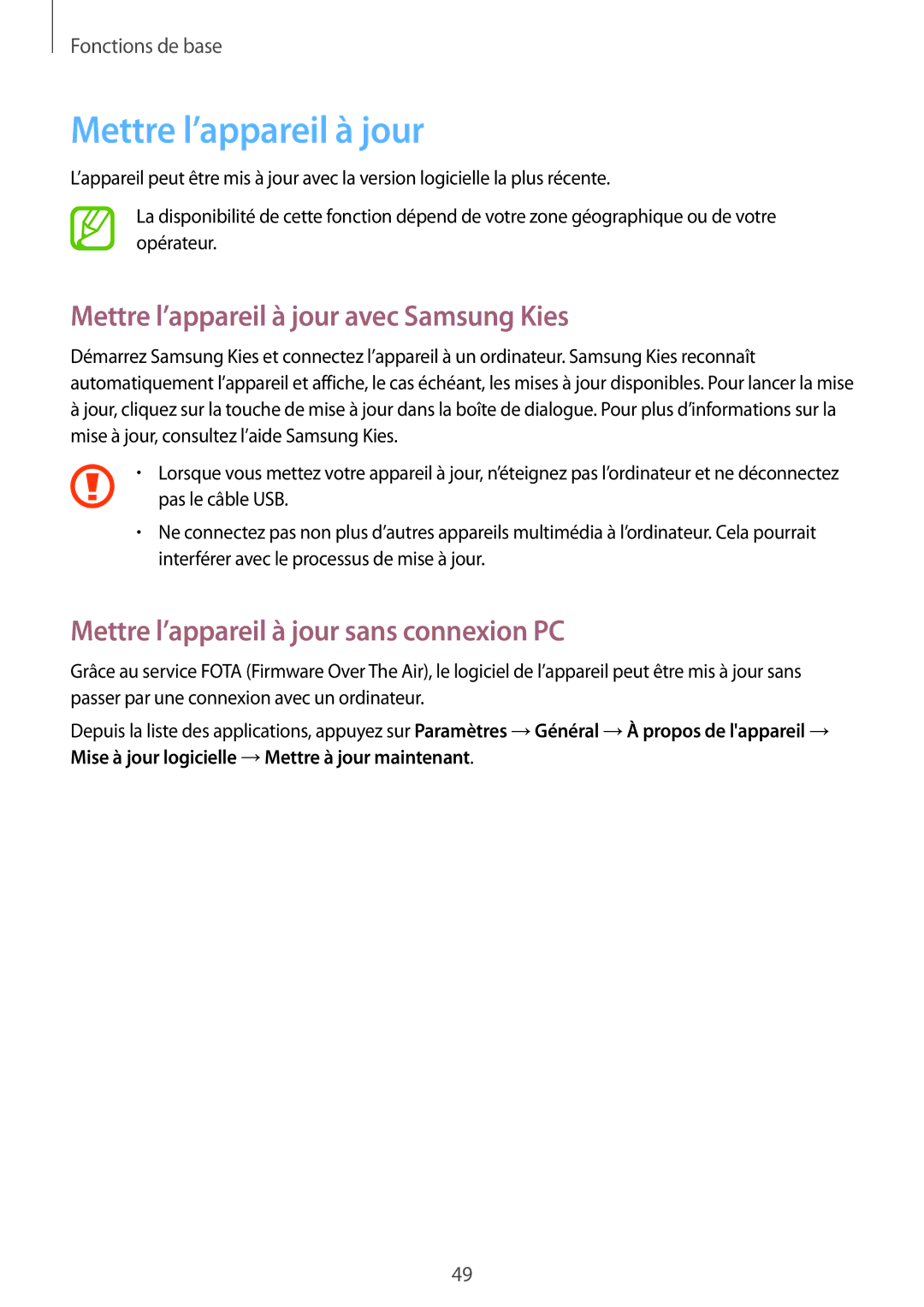 Samsung SM-P6050ZWAXEF manual Mettre l’appareil à jour avec Samsung Kies, Mettre l’appareil à jour sans connexion PC 