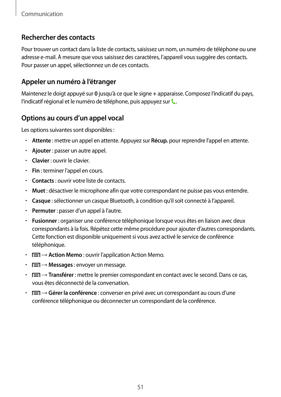 Samsung SM-P6050ZWAXEF manual Rechercher des contacts, Appeler un numéro à l’étranger, Options au cours d’un appel vocal 