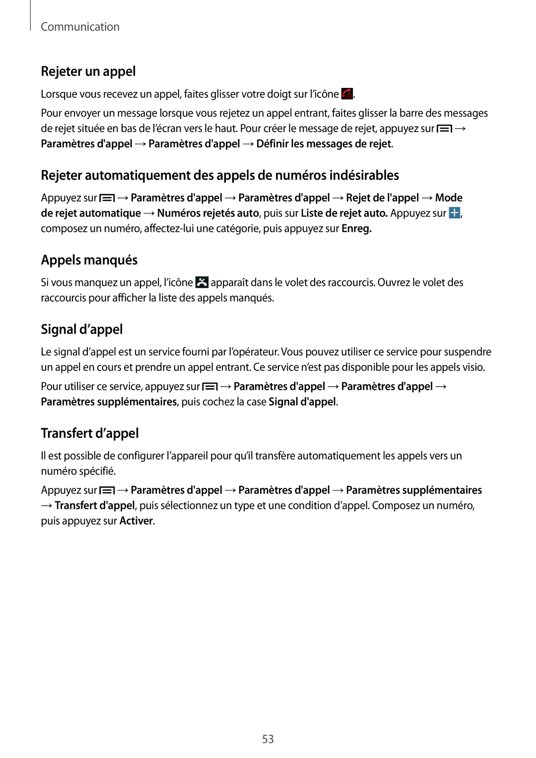 Samsung SM-P6050ZWAXEF manual Rejeter un appel, Rejeter automatiquement des appels de numéros indésirables, Appels manqués 