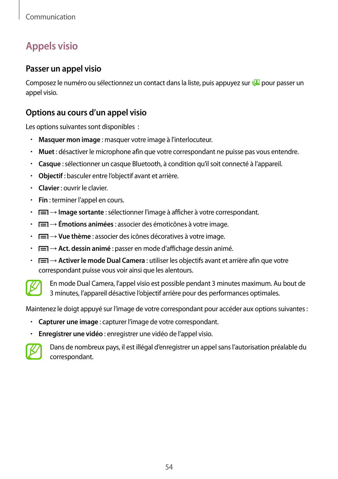 Samsung SM-P6050ZKAXEF, SM-P6050ZWAXEF manual Appels visio, Passer un appel visio, Options au cours d’un appel visio 