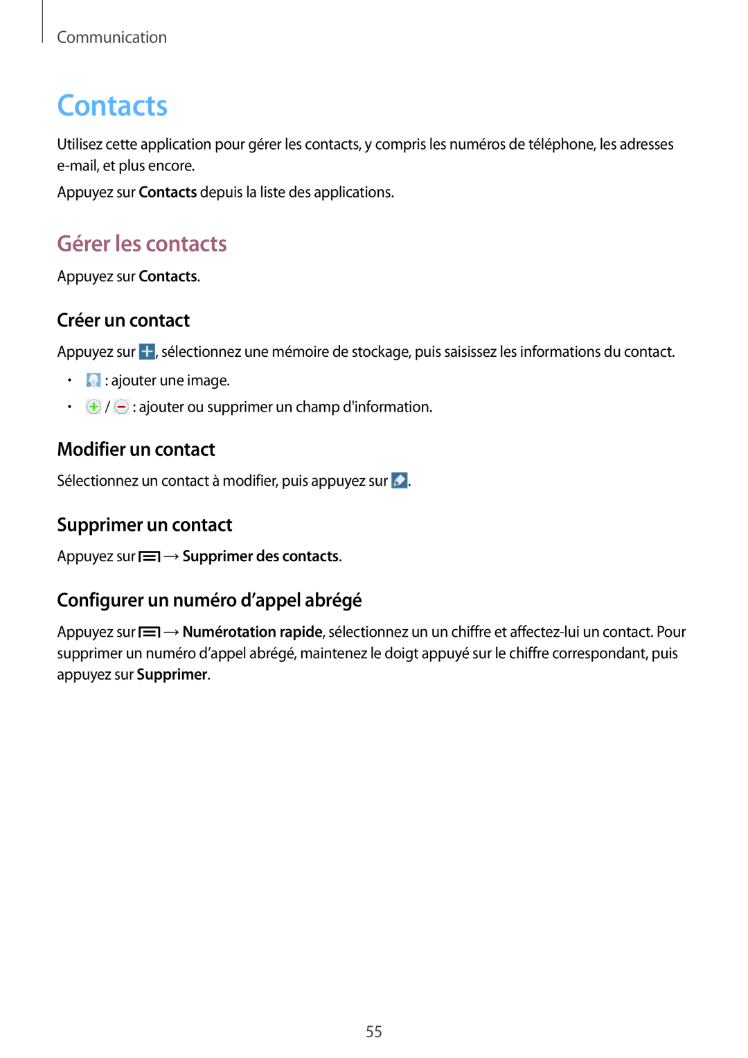 Samsung SM-P6050ZWAXEF, SM-P6050ZKAXEF manual Contacts, Gérer les contacts 