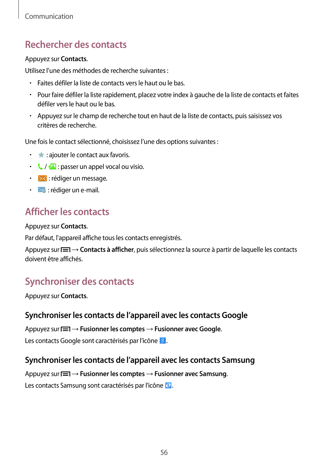 Samsung SM-P6050ZKAXEF, SM-P6050ZWAXEF manual Rechercher des contacts, Afficher les contacts, Synchroniser des contacts 