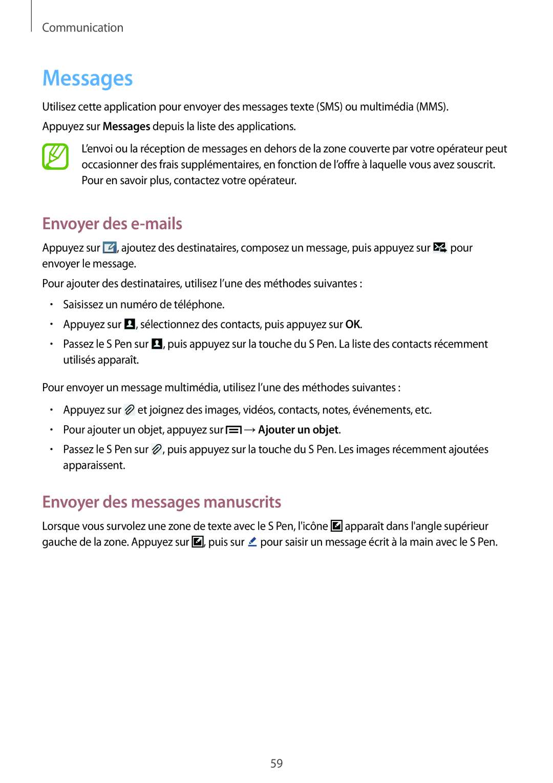 Samsung SM-P6050ZWAXEF, SM-P6050ZKAXEF manual Messages, Envoyer des e-mails, Envoyer des messages manuscrits 