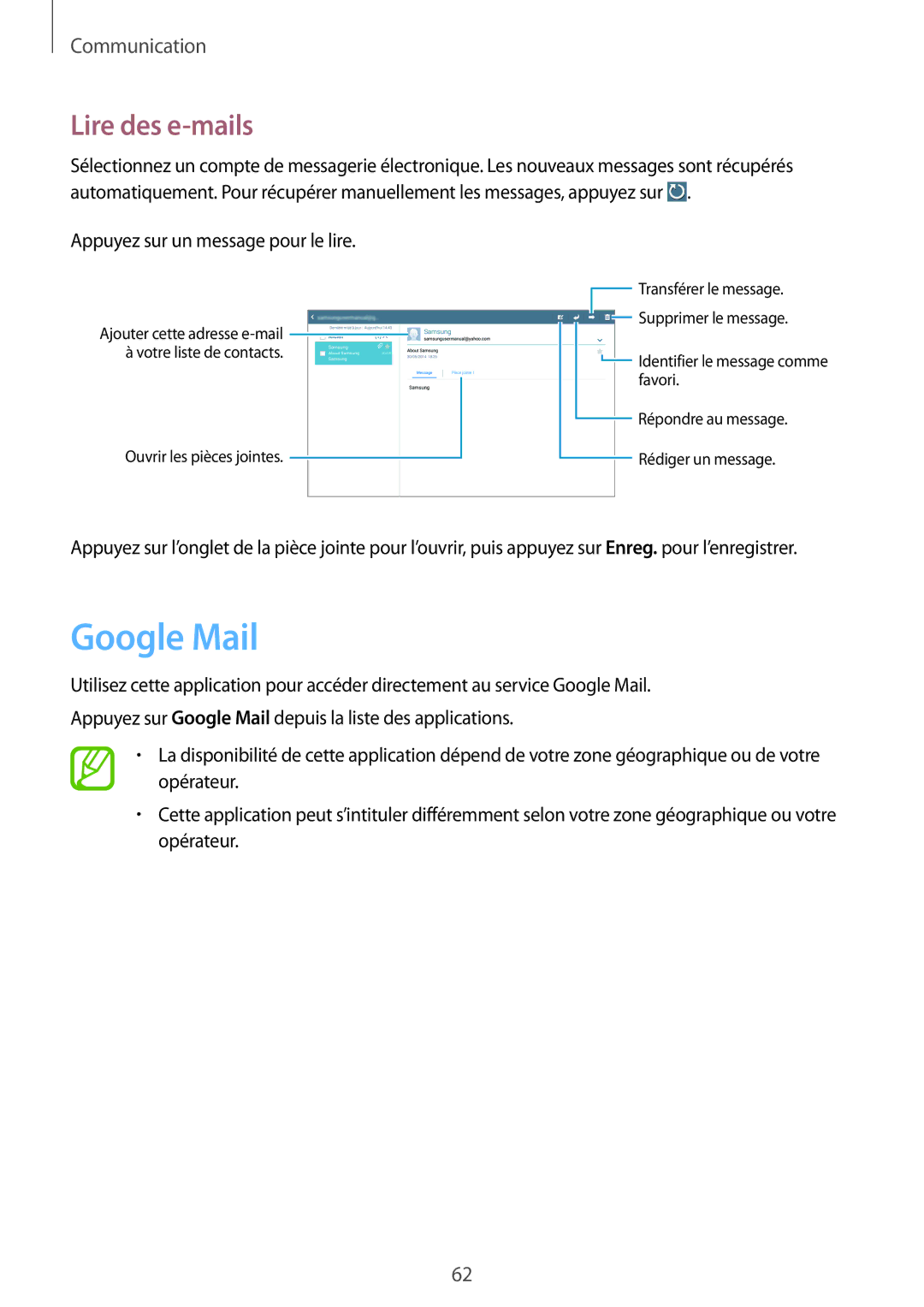 Samsung SM-P6050ZKAXEF, SM-P6050ZWAXEF manual Google Mail, Lire des e-mails 