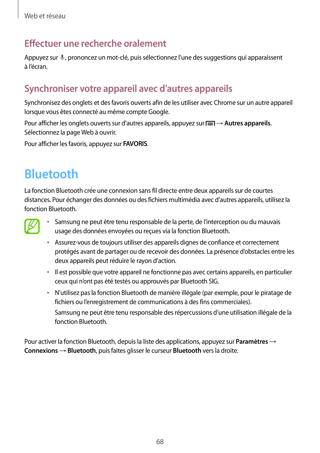 Samsung SM-P6050ZKAXEF, SM-P6050ZWAXEF manual Bluetooth, Synchroniser votre appareil avec d’autres appareils 