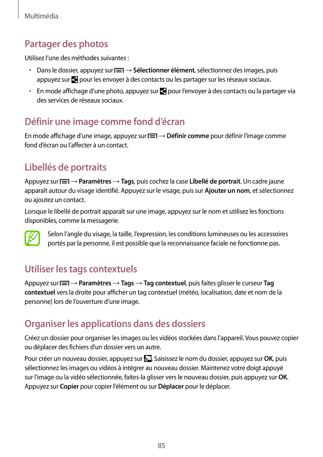 Samsung SM-P6050ZWAXEF manual Définir une image comme fond d’écran, Libellés de portraits, Utiliser les tags contextuels 
