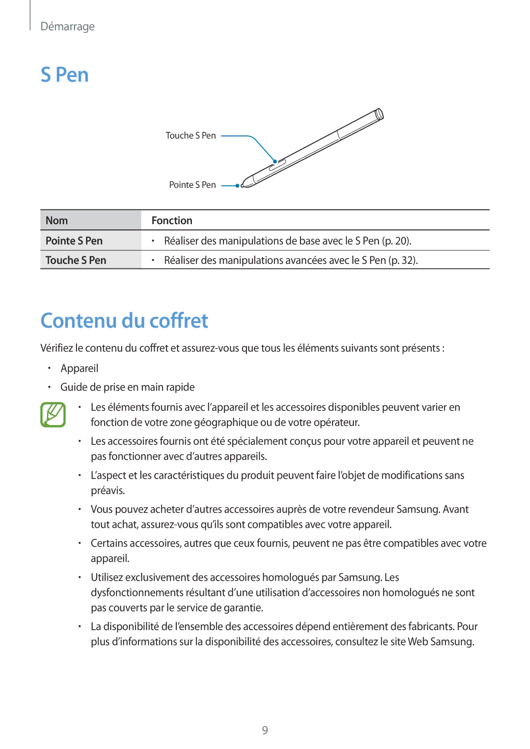 Samsung SM-P6050ZWAXEF, SM-P6050ZKAXEF manual Pen, Contenu du coffret 