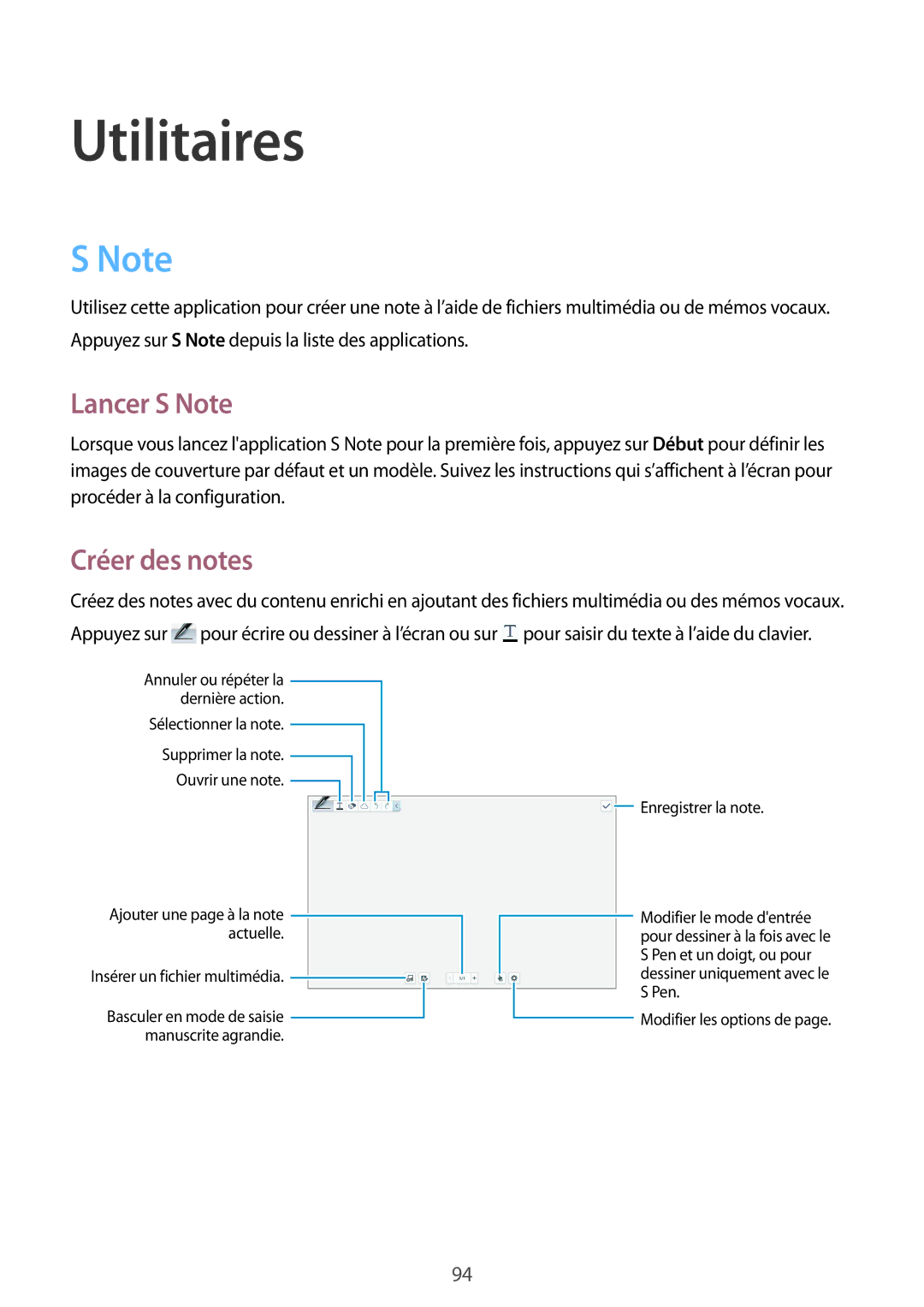 Samsung SM-P6050ZKAXEF, SM-P6050ZWAXEF manual Lancer S Note, Créer des notes 