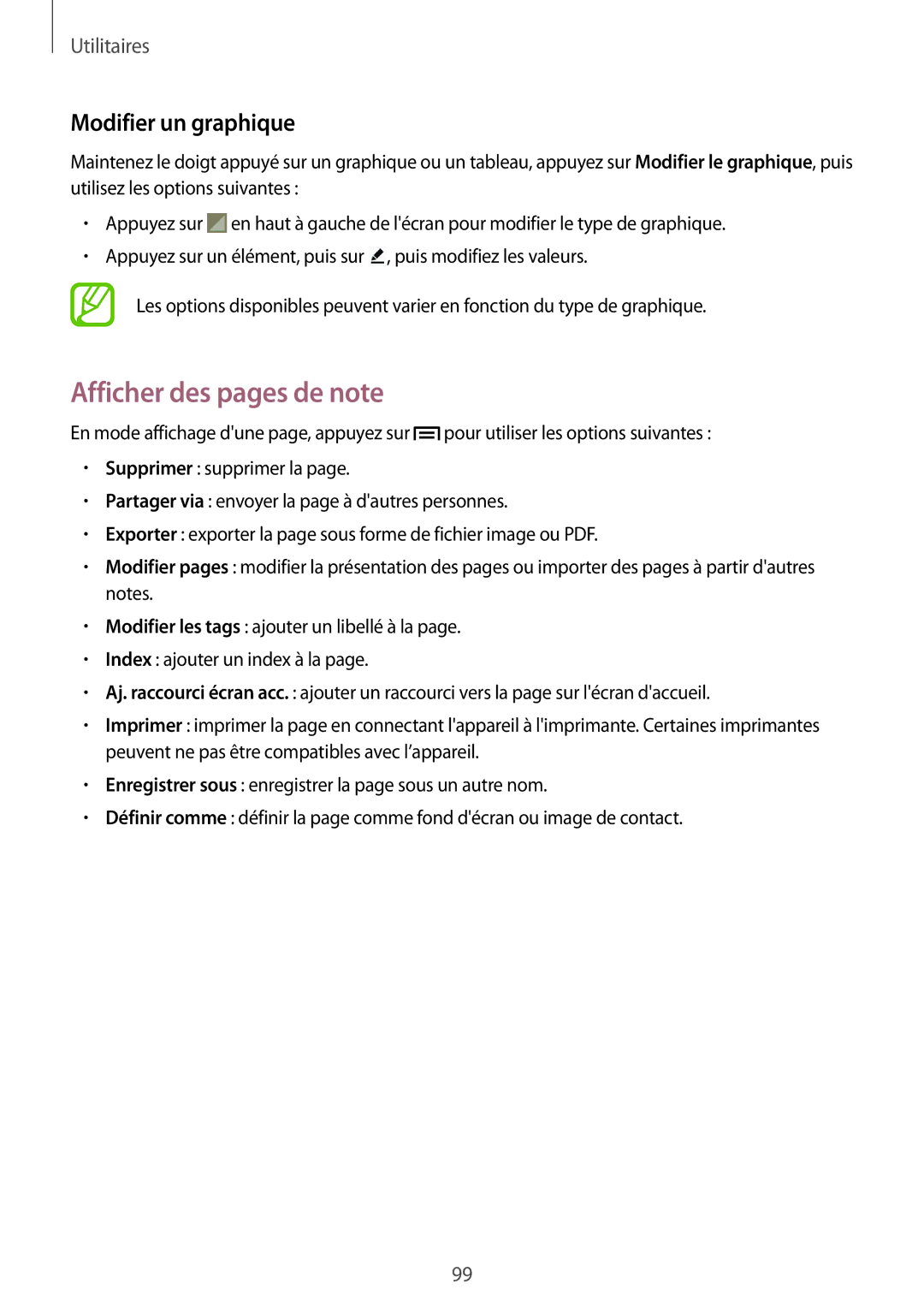 Samsung SM-P6050ZWAXEF, SM-P6050ZKAXEF manual Afficher des pages de note, Modifier un graphique 