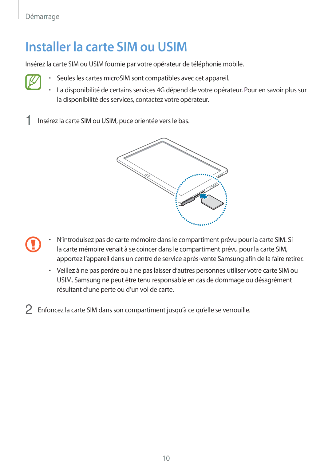 Samsung SM-P6050ZKAXEF, SM-P6050ZWAXEF manual Installer la carte SIM ou Usim 