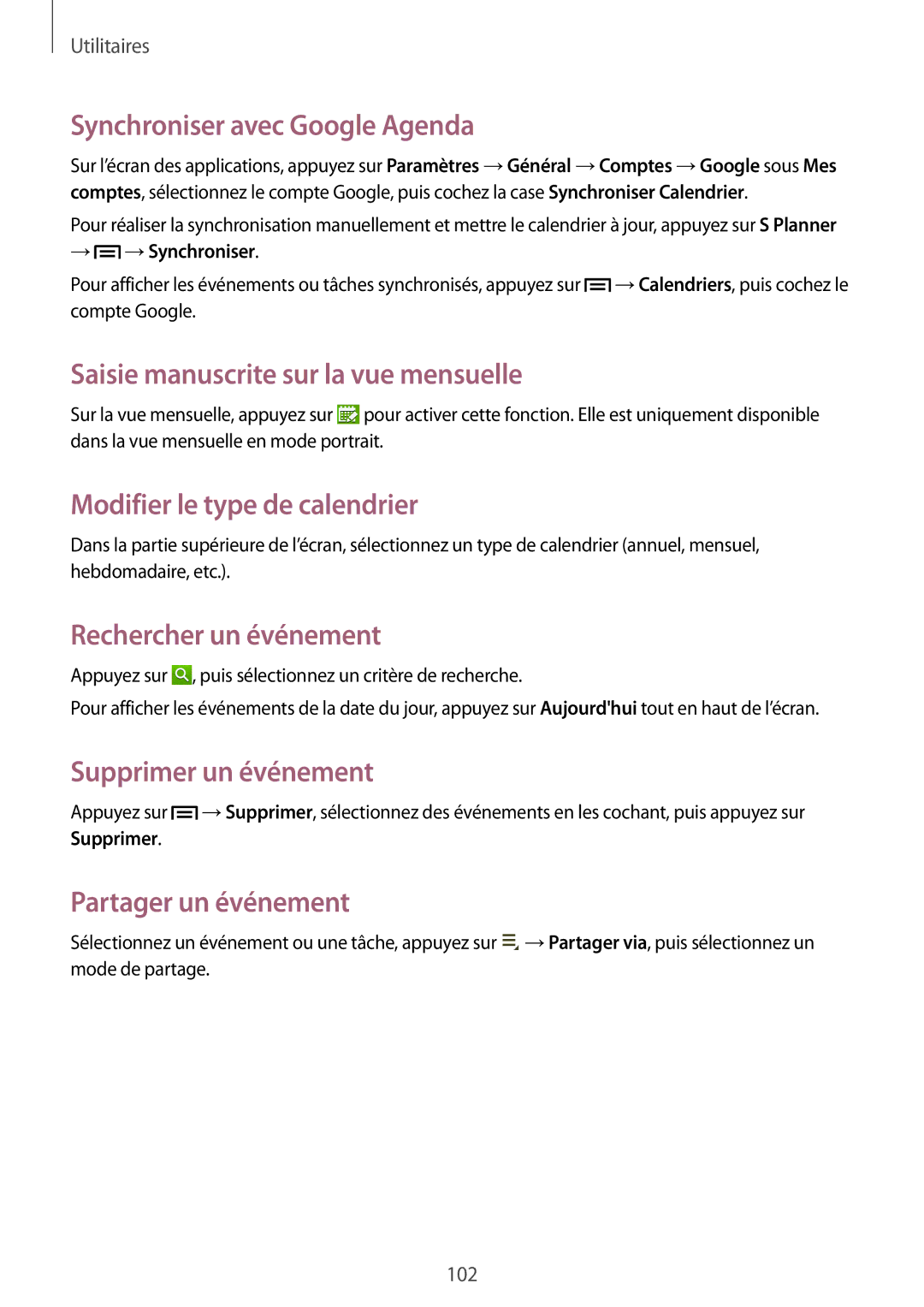 Samsung SM-P6050ZKAXEF Synchroniser avec Google Agenda, Saisie manuscrite sur la vue mensuelle, Rechercher un événement 