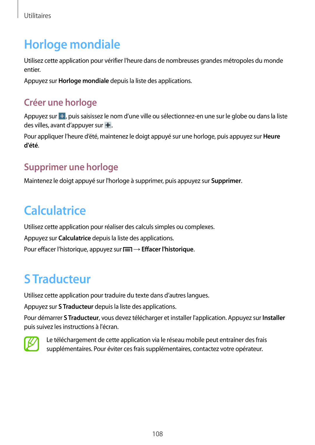 Samsung SM-P6050ZKAXEF manual Horloge mondiale, Calculatrice, Traducteur, Créer une horloge, Supprimer une horloge 