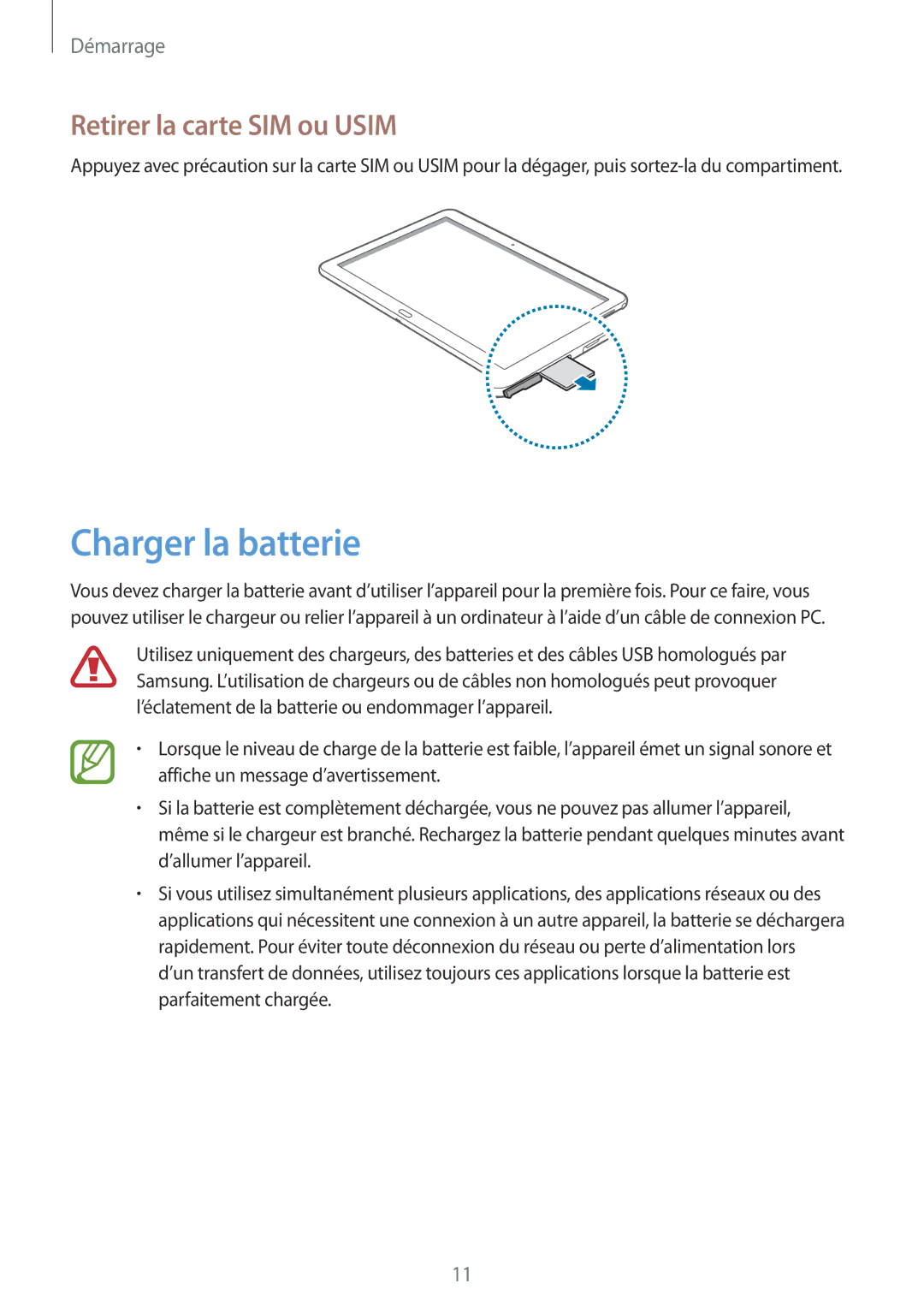 Samsung SM-P6050ZWAXEF, SM-P6050ZKAXEF manual Charger la batterie, Retirer la carte SIM ou Usim 