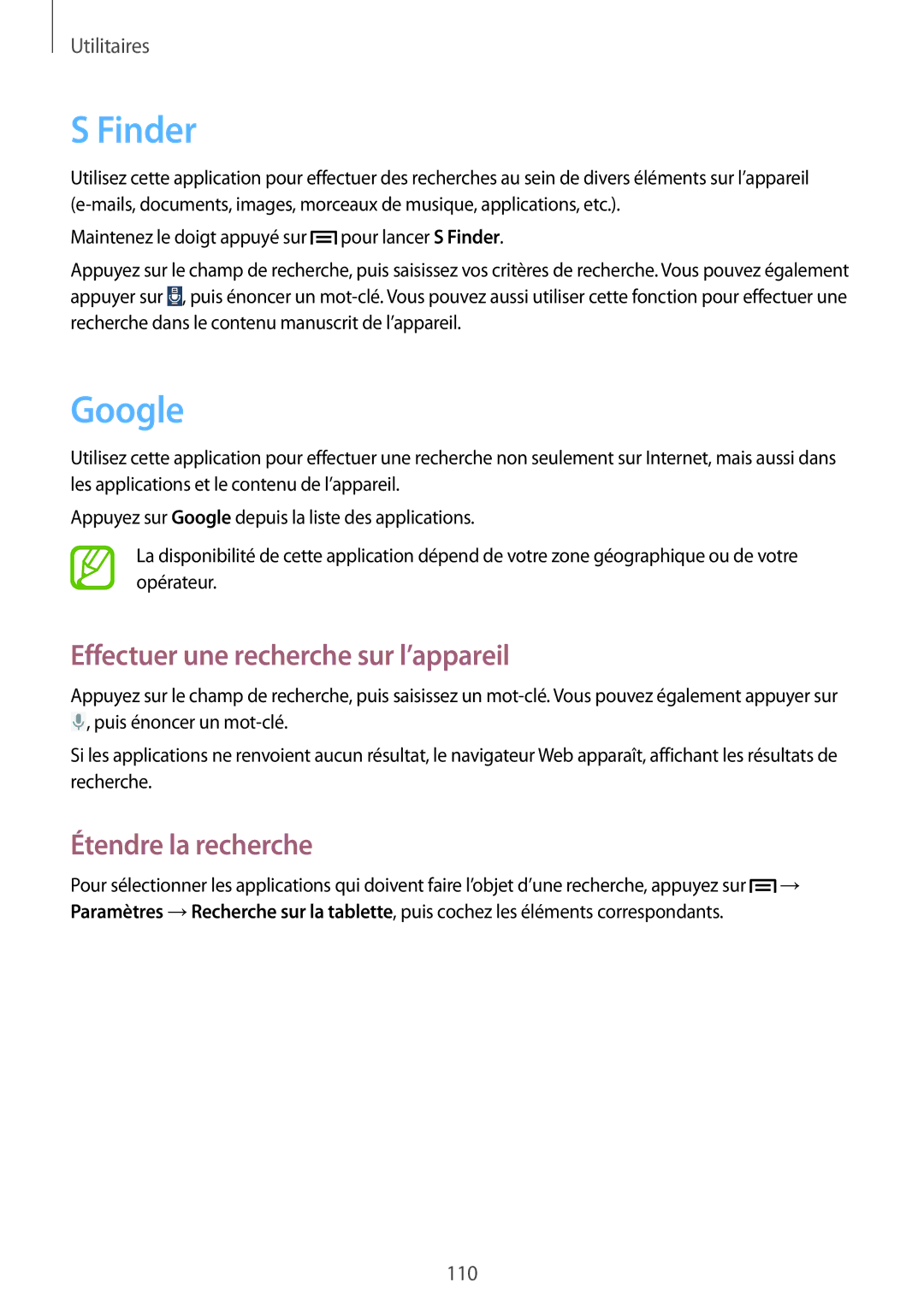 Samsung SM-P6050ZKAXEF, SM-P6050ZWAXEF manual Finder, Google, Effectuer une recherche sur l’appareil, Étendre la recherche 