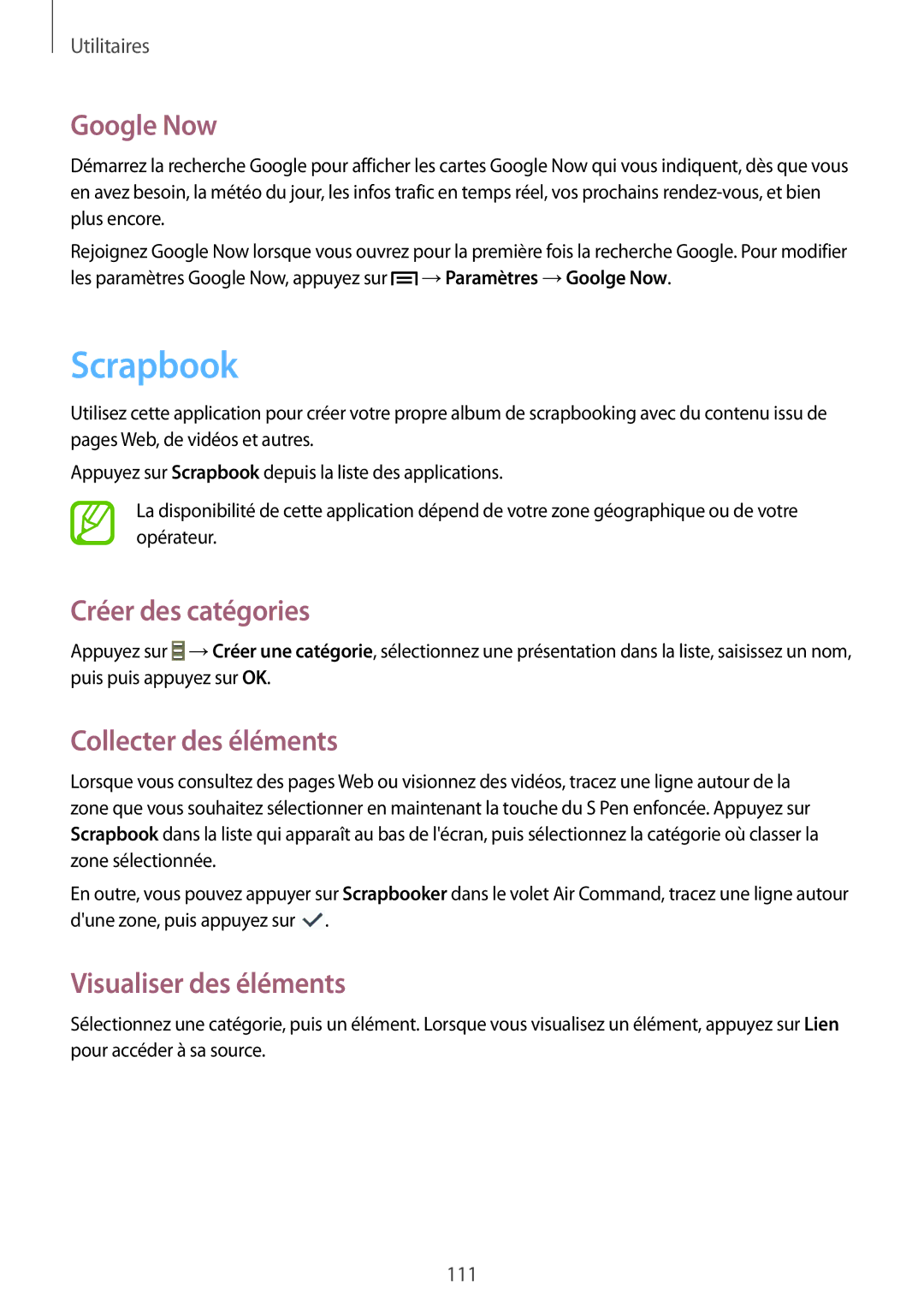 Samsung SM-P6050ZWAXEF manual Scrapbook, Google Now, Créer des catégories, Collecter des éléments, Visualiser des éléments 