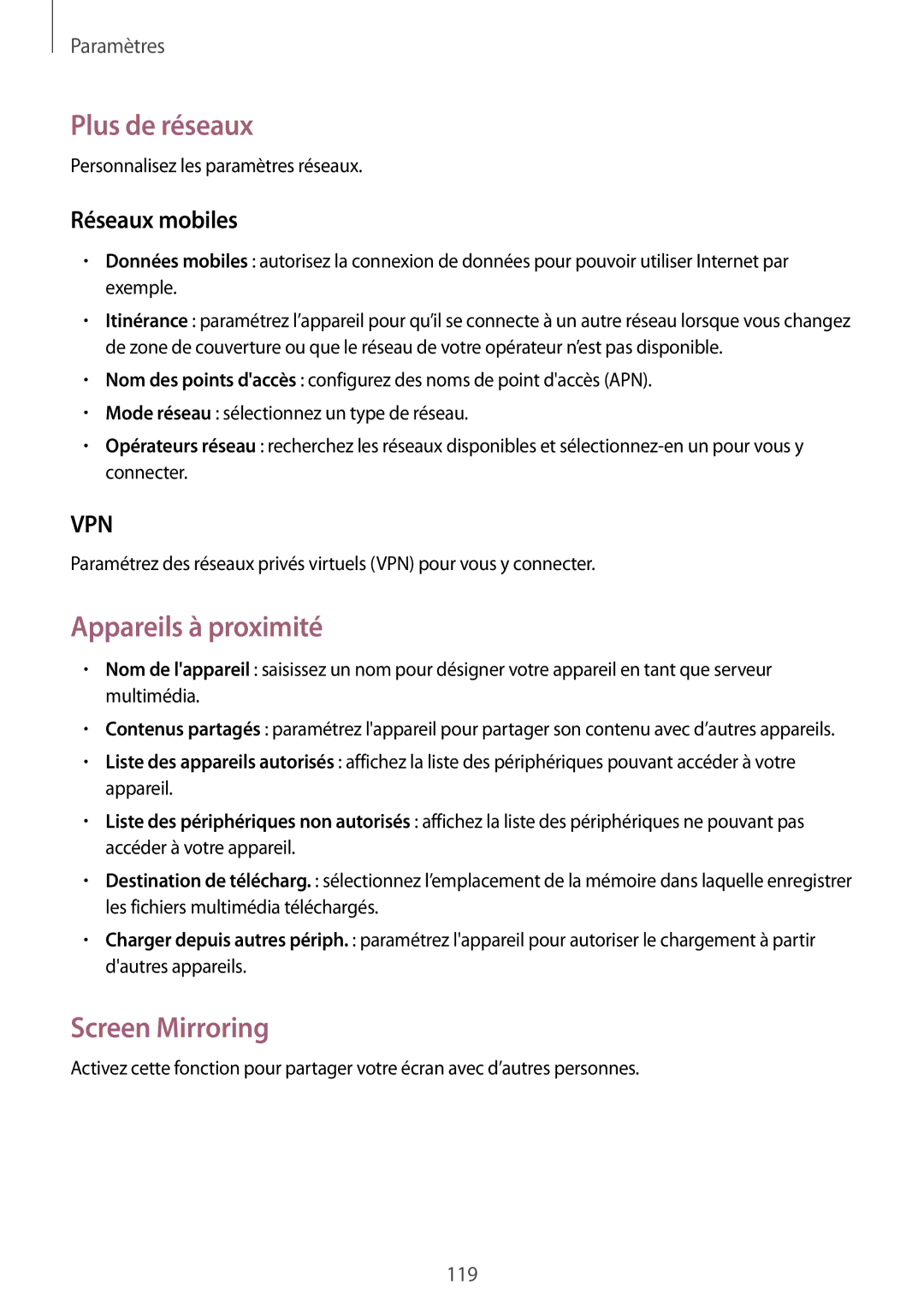Samsung SM-P6050ZWAXEF, SM-P6050ZKAXEF manual Plus de réseaux, Appareils à proximité, Screen Mirroring, Réseaux mobiles 