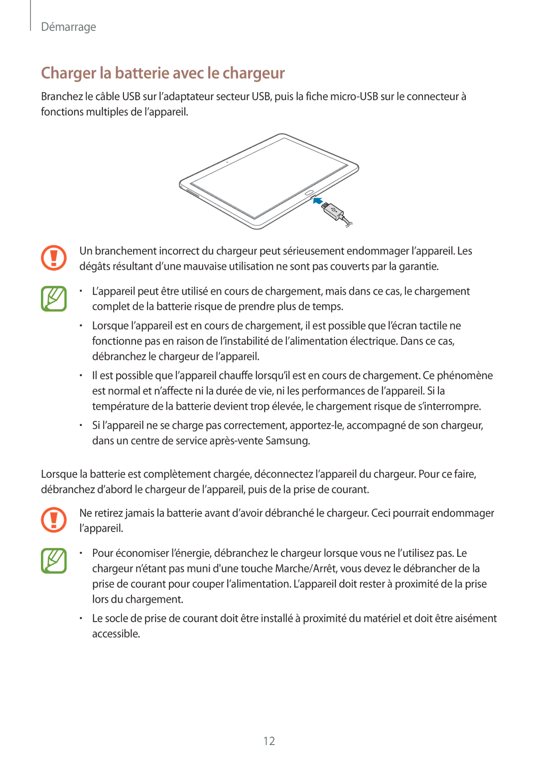 Samsung SM-P6050ZKAXEF, SM-P6050ZWAXEF manual Charger la batterie avec le chargeur 