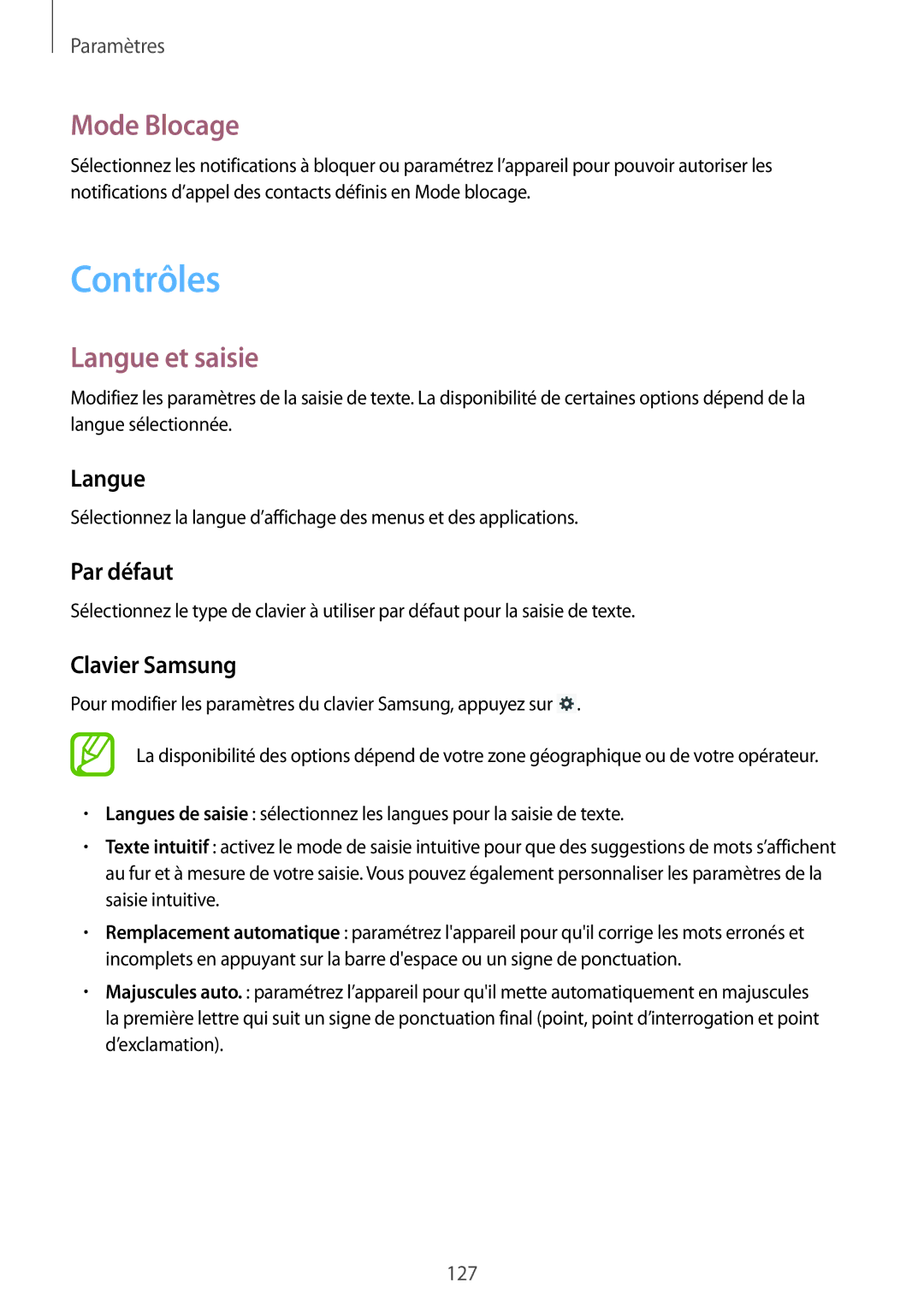 Samsung SM-P6050ZWAXEF, SM-P6050ZKAXEF manual Contrôles, Mode Blocage, Langue et saisie 