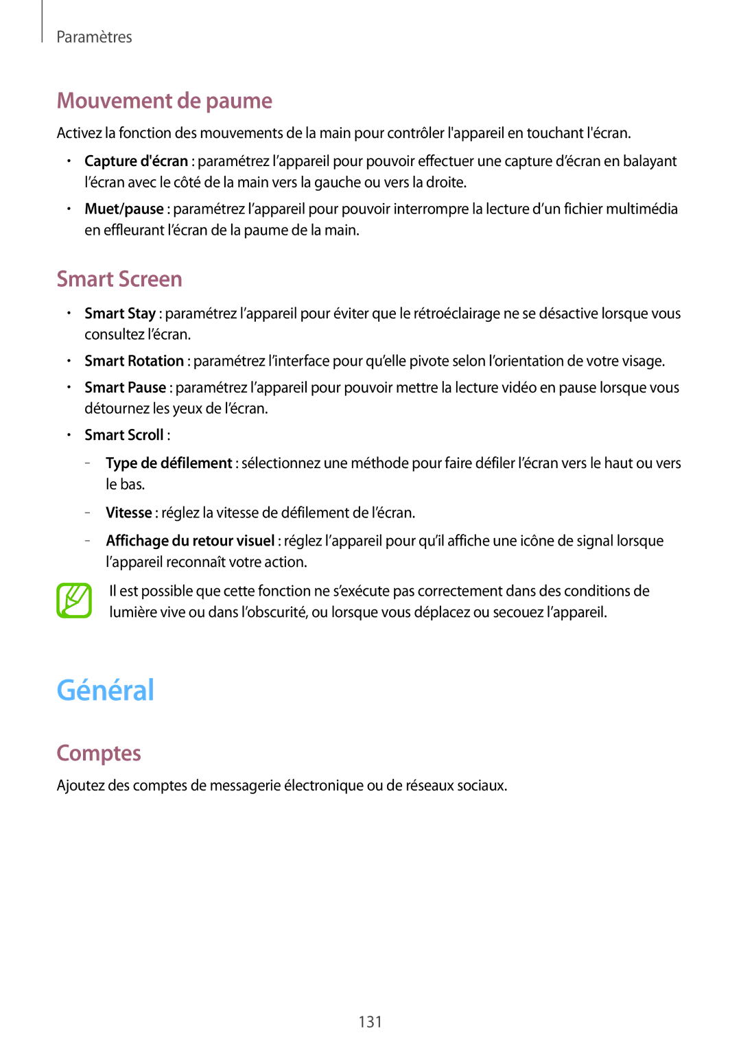 Samsung SM-P6050ZWAXEF, SM-P6050ZKAXEF manual Général, Mouvement de paume, Smart Screen, Comptes, Smart Scroll 