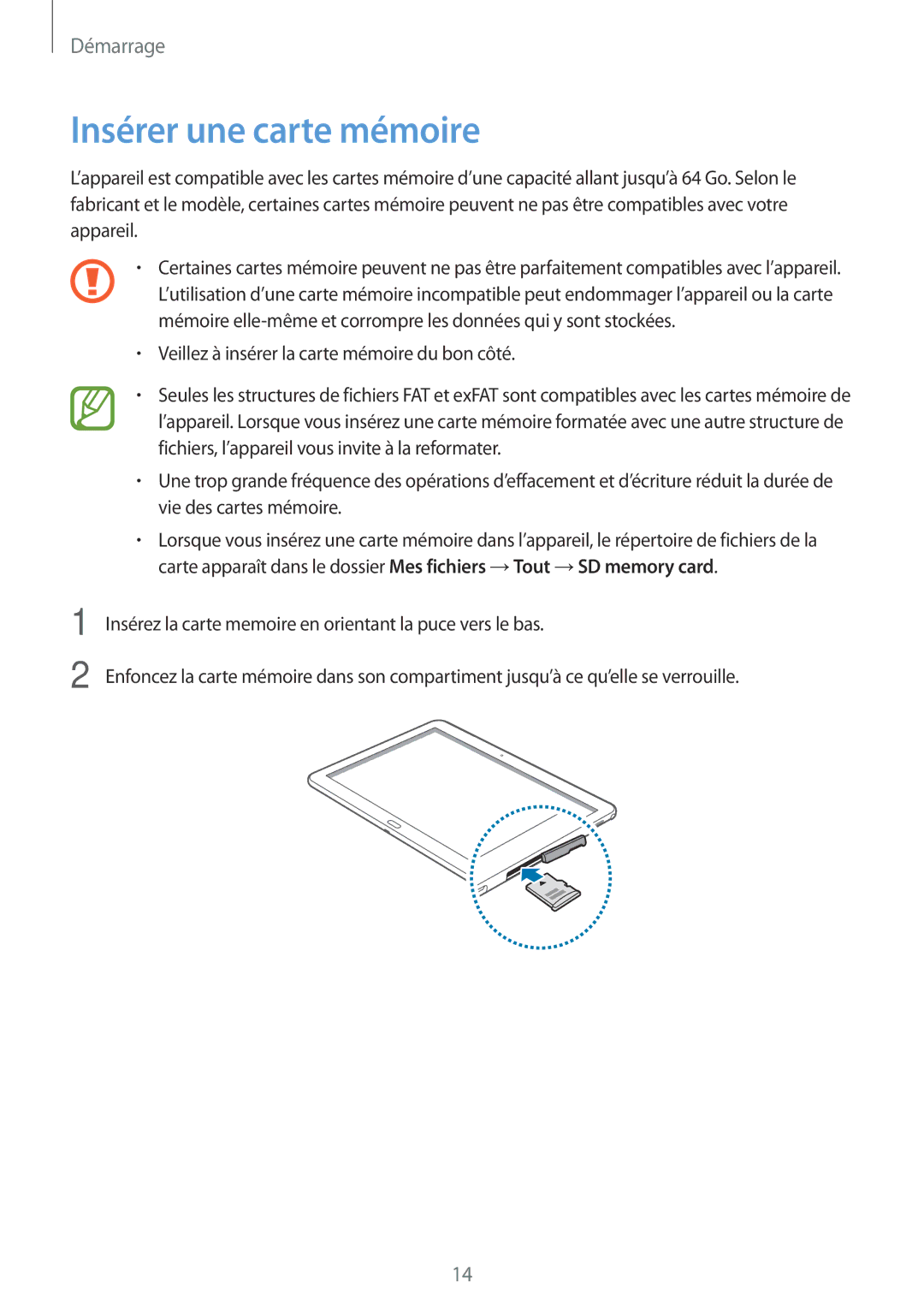 Samsung SM-P6050ZKAXEF, SM-P6050ZWAXEF manual Insérer une carte mémoire 