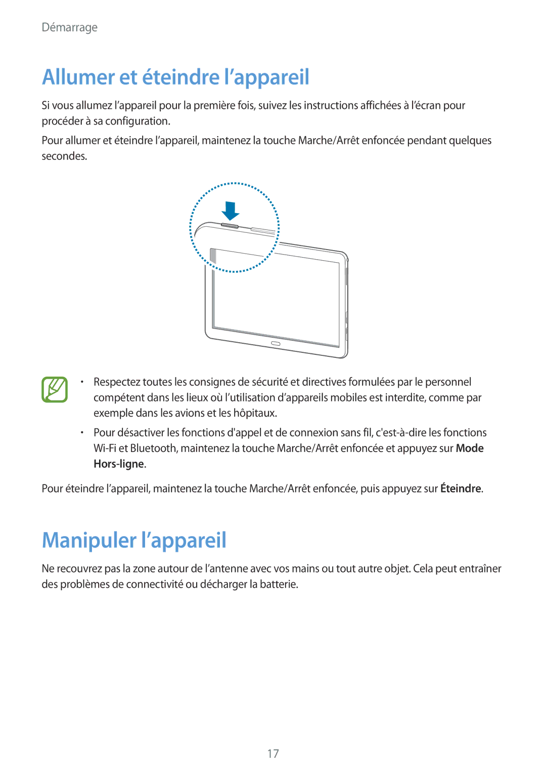 Samsung SM-P6050ZWAXEF, SM-P6050ZKAXEF manual Allumer et éteindre l’appareil, Manipuler l’appareil 