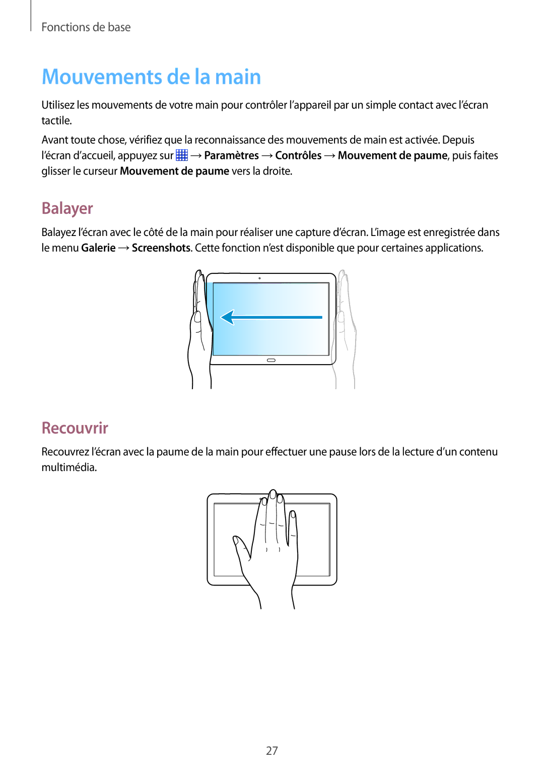 Samsung SM-P6050ZWAXEF, SM-P6050ZKAXEF manual Mouvements de la main, Balayer, Recouvrir 