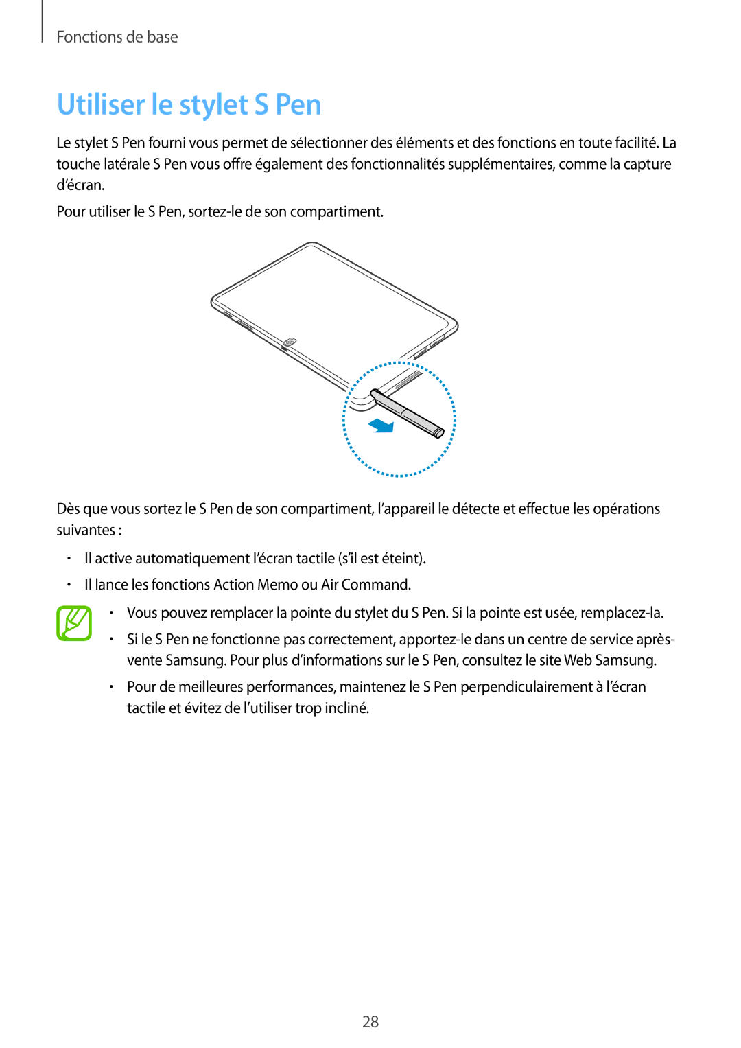 Samsung SM-P6050ZKAXEF, SM-P6050ZWAXEF manual Utiliser le stylet S Pen 