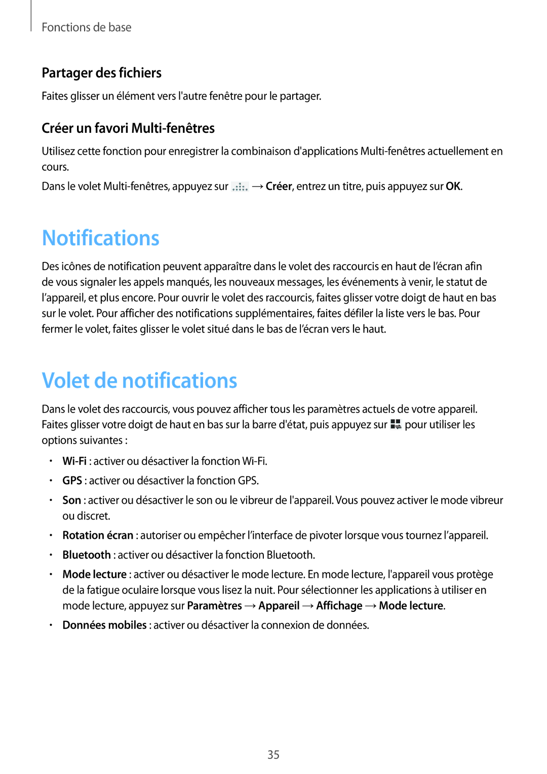 Samsung SM-P6050ZWAXEF manual Notifications, Volet de notifications, Partager des fichiers, Créer un favori Multi-fenêtres 