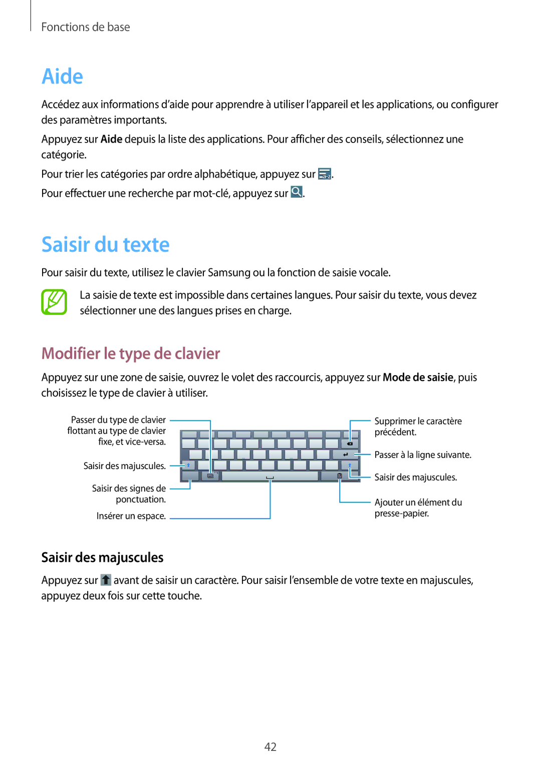 Samsung SM-P6050ZKAXEF, SM-P6050ZWAXEF manual Aide, Saisir du texte, Modifier le type de clavier, Saisir des majuscules 