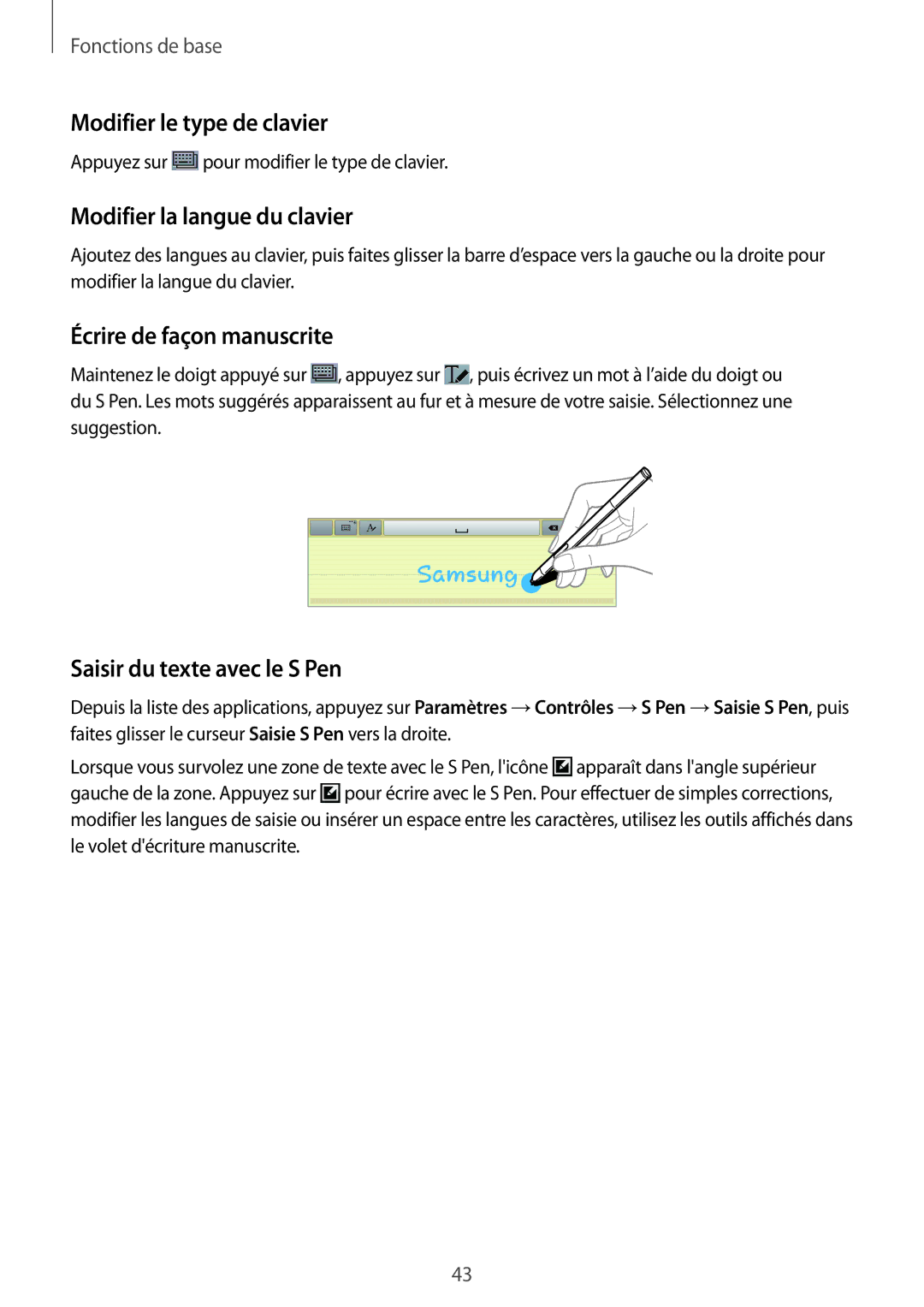 Samsung SM-P6050ZWAXEF manual Modifier le type de clavier, Modifier la langue du clavier, Écrire de façon manuscrite 