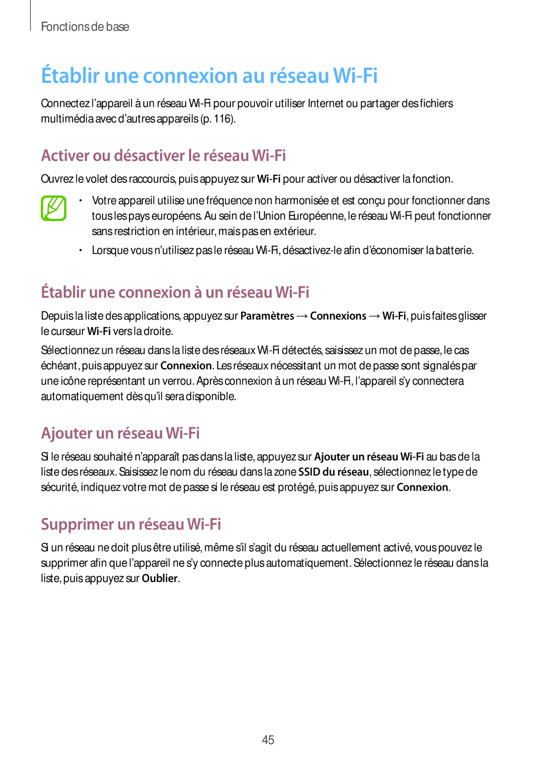 Samsung SM-P6050ZWAXEF, SM-P6050ZKAXEF manual Établir une connexion au réseau Wi-Fi, Activer ou désactiver le réseau Wi-Fi 