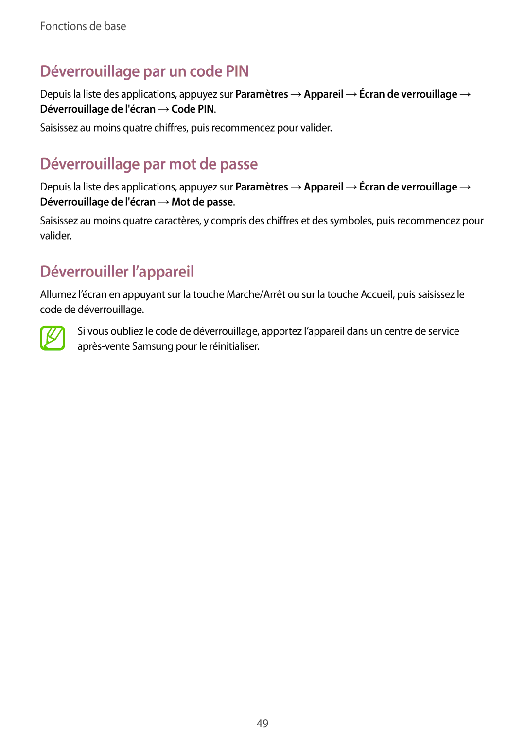Samsung SM-P6050ZWAXEF manual Déverrouillage par un code PIN, Déverrouillage par mot de passe, Déverrouiller l’appareil 