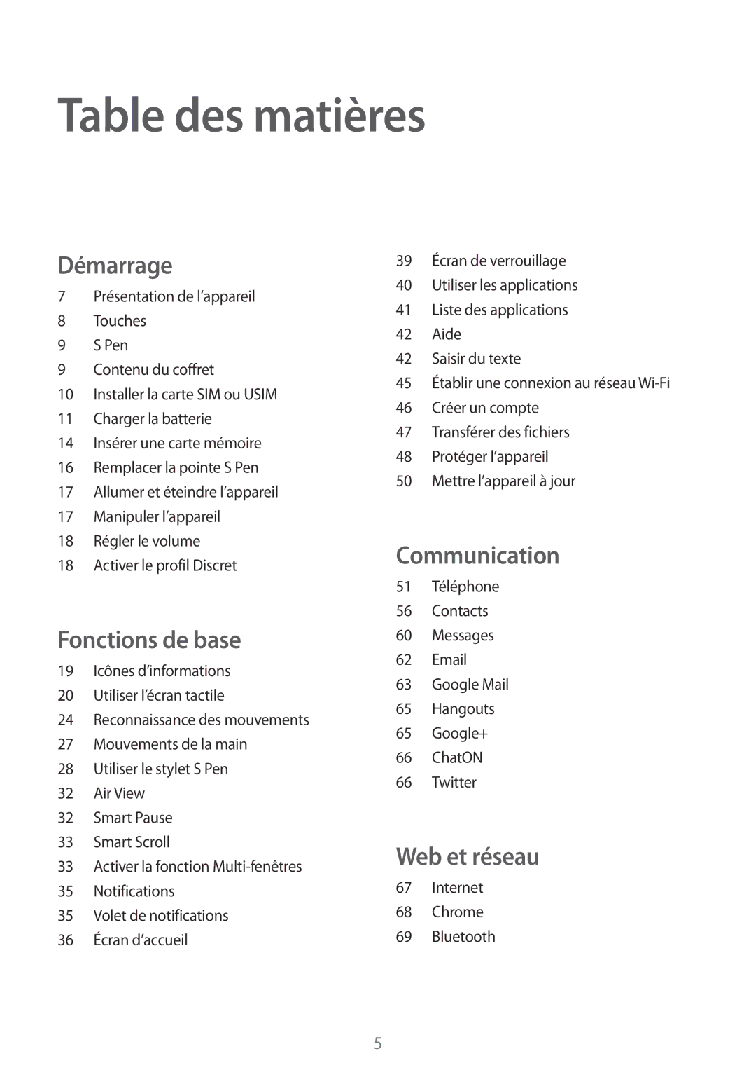 Samsung SM-P6050ZWAXEF, SM-P6050ZKAXEF manual Table des matières 