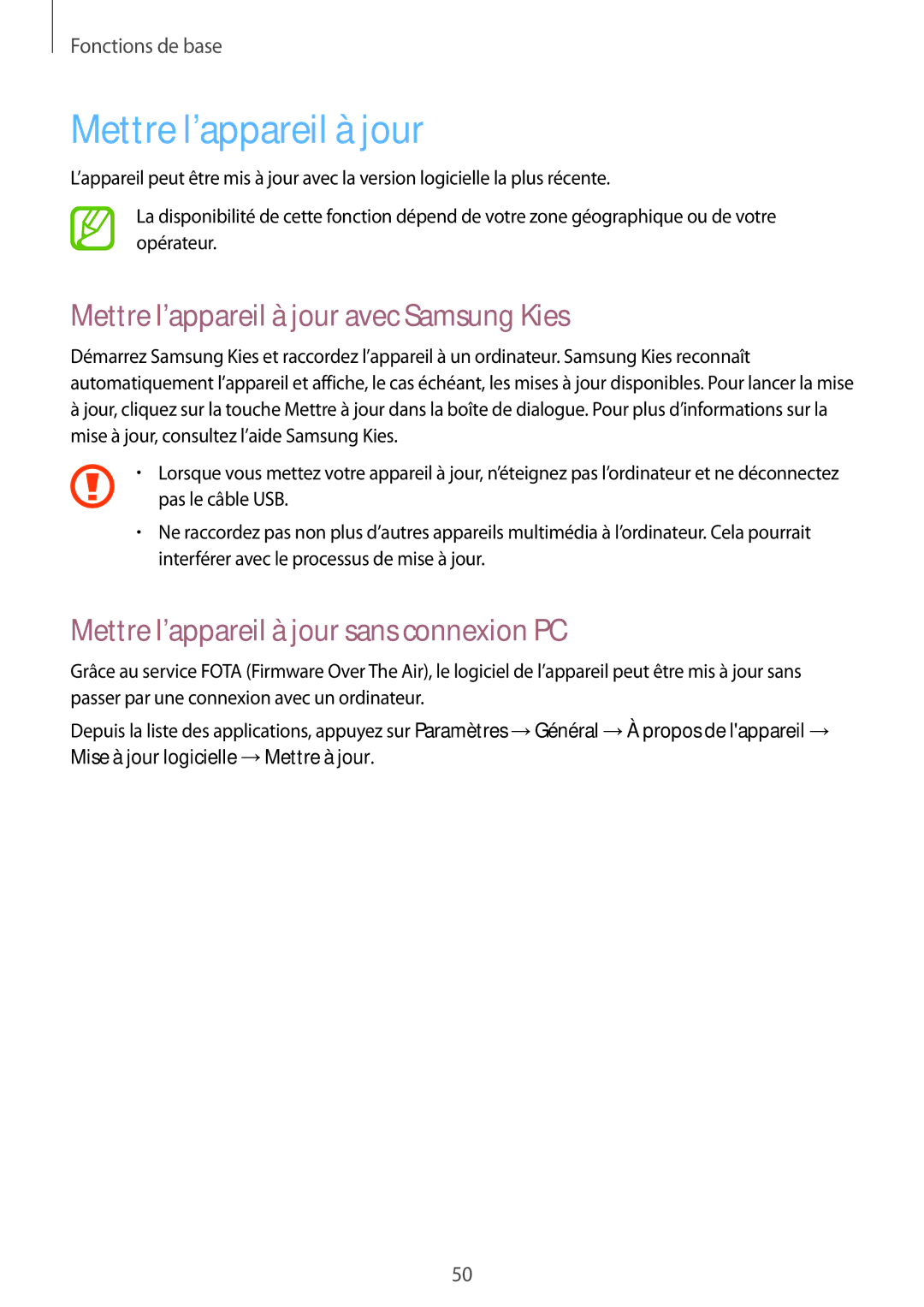 Samsung SM-P6050ZKAXEF manual Mettre l’appareil à jour avec Samsung Kies, Mettre l’appareil à jour sans connexion PC 