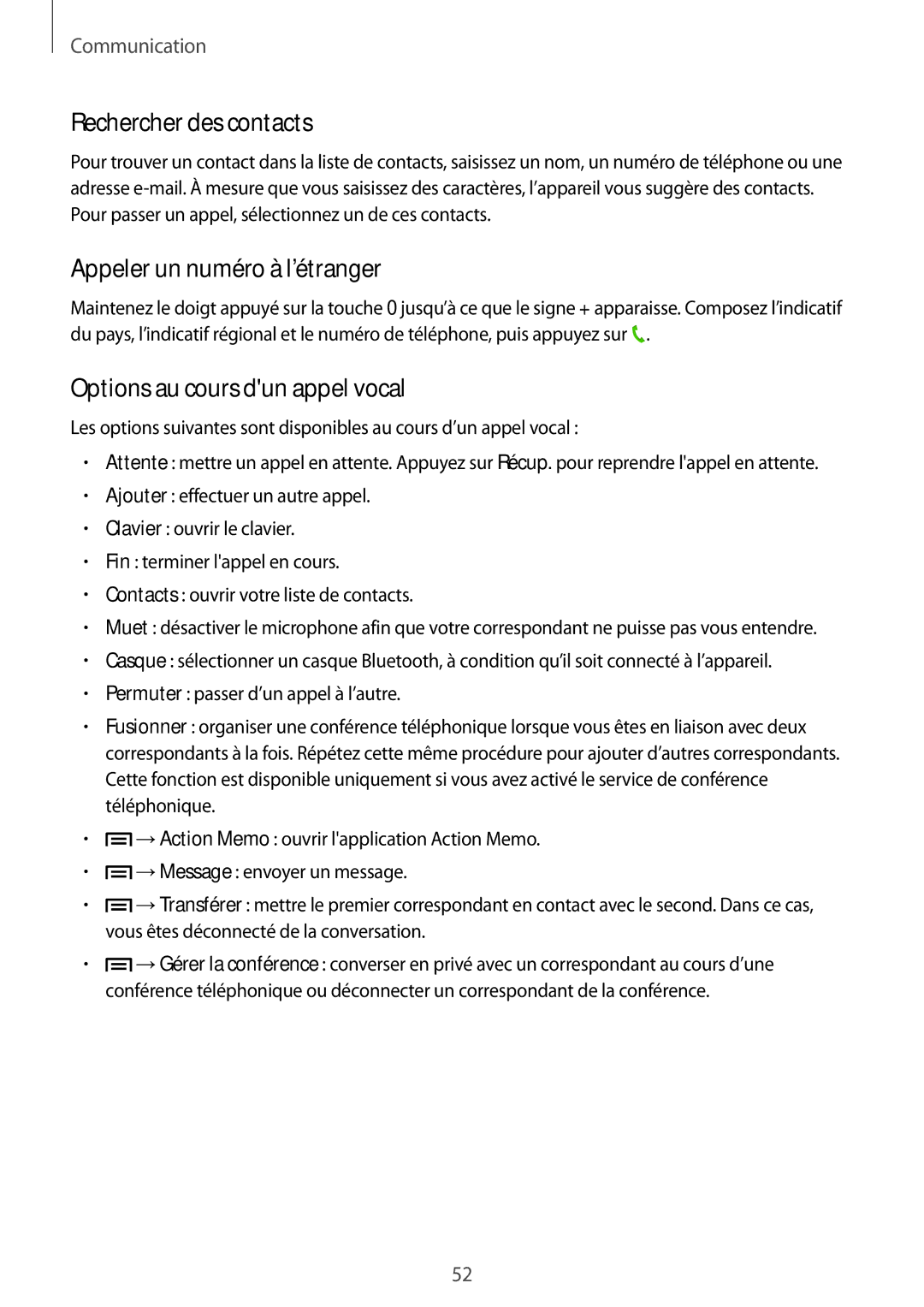 Samsung SM-P6050ZKAXEF manual Rechercher des contacts, Appeler un numéro à l’étranger, Options au cours dun appel vocal 