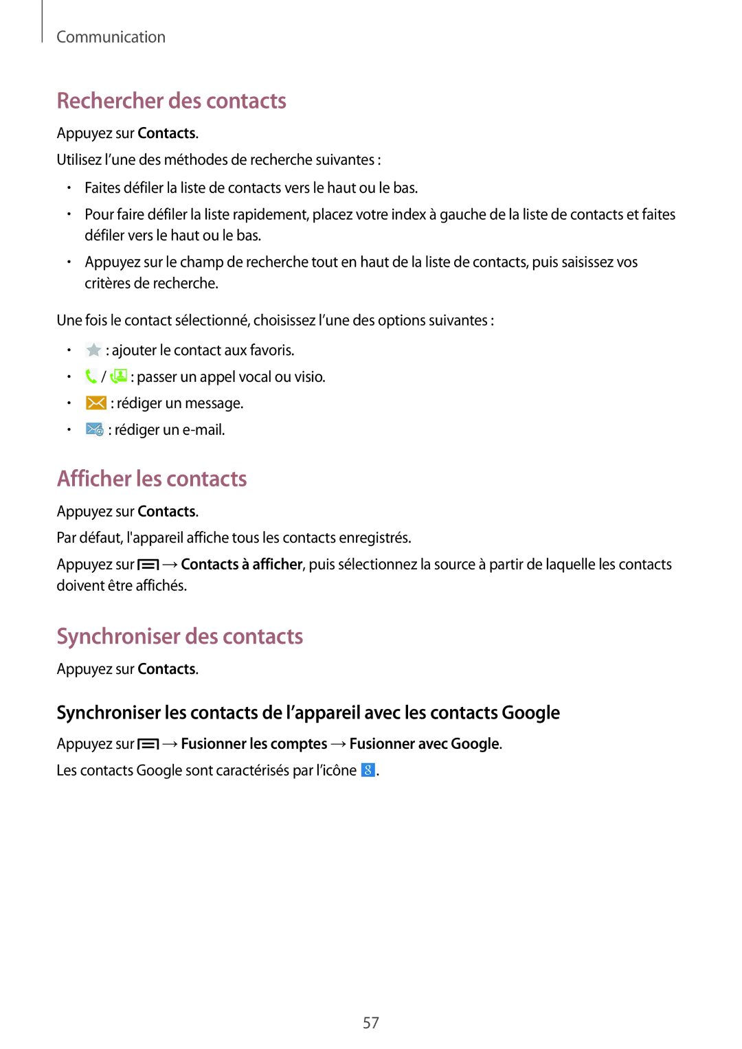 Samsung SM-P6050ZWAXEF, SM-P6050ZKAXEF manual Rechercher des contacts, Afficher les contacts, Synchroniser des contacts 