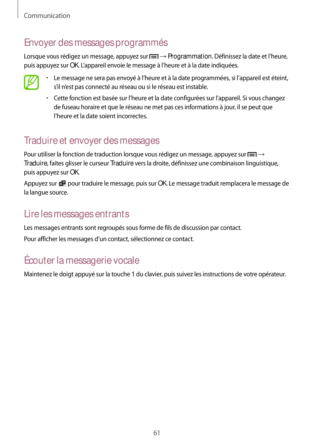 Samsung SM-P6050ZWAXEF manual Envoyer des messages programmés, Traduire et envoyer des messages, Lire les messages entrants 