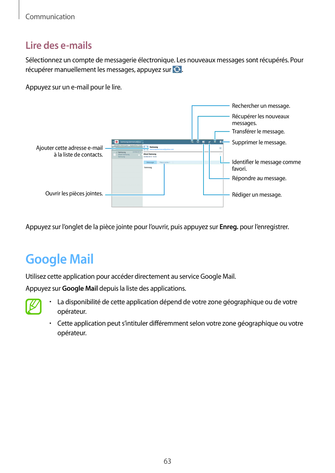 Samsung SM-P6050ZWAXEF, SM-P6050ZKAXEF manual Google Mail, Lire des e-mails 